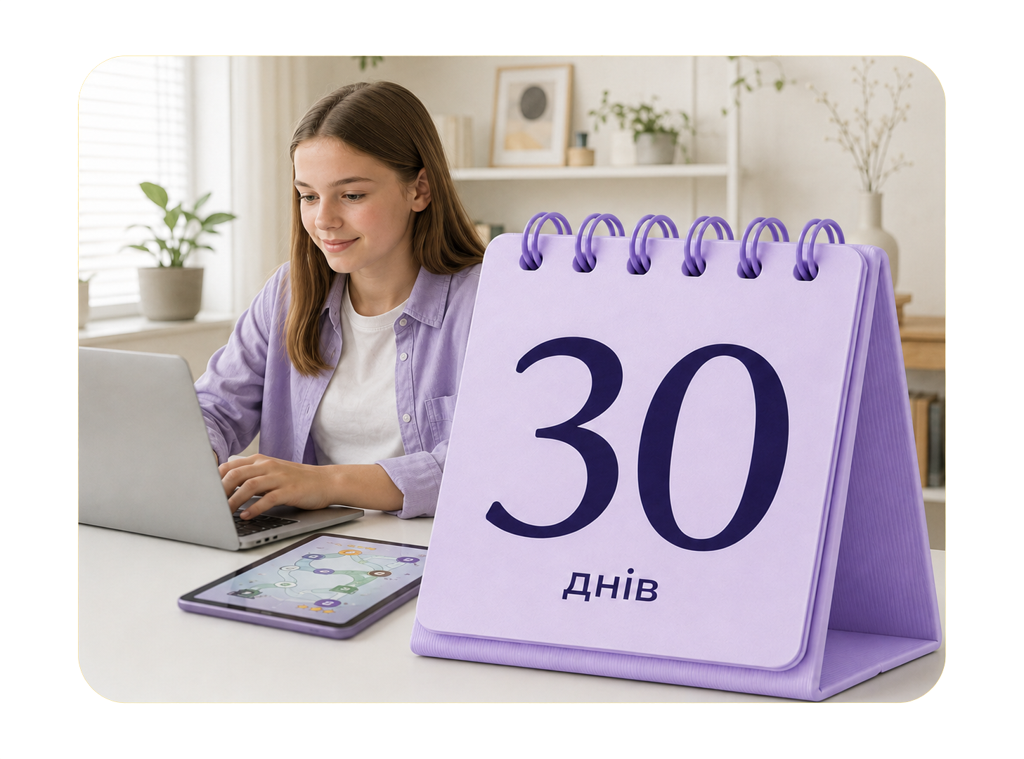 Дівчинка за ноутбуком і календар «30 днів»
